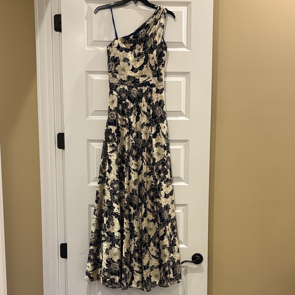Betsy & Adam One-Shoulder Navy and Gold Glittering Gown